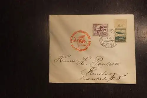 Zeppelin Luftschiff Hindenburg LZ 129 Olympiafahrt Olympia 1936; Roter Bordstempel, sehr rar