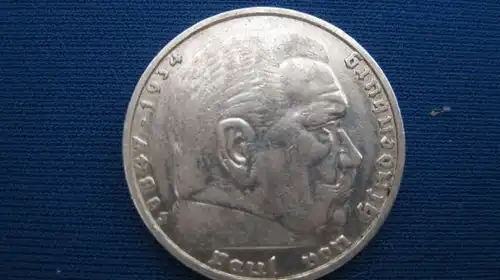 5 RM Reichsmark Silber Silbermünze Hindenburg 1936 J, vz