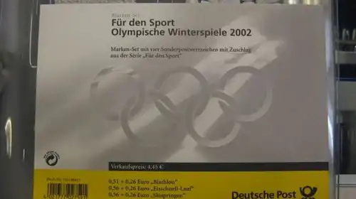 Marken-Set, Markenheft Sporthilfe, MH-MiNr. 47, Olympische Winterspiele 2002, Salt Lake City, Ersttags-Sonderstempel