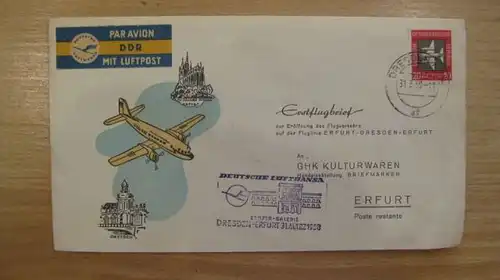 DDR Luftpost Lufthansa Erstflugbrief Dresden - Erfurt 1958