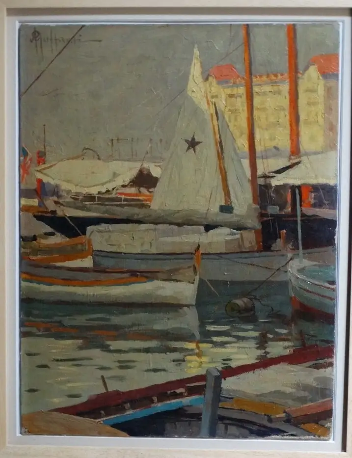  Italienische Maler Öl Malerei signiert Hafen von Nizza Attilio GUFFANTI (1875-1943) 0