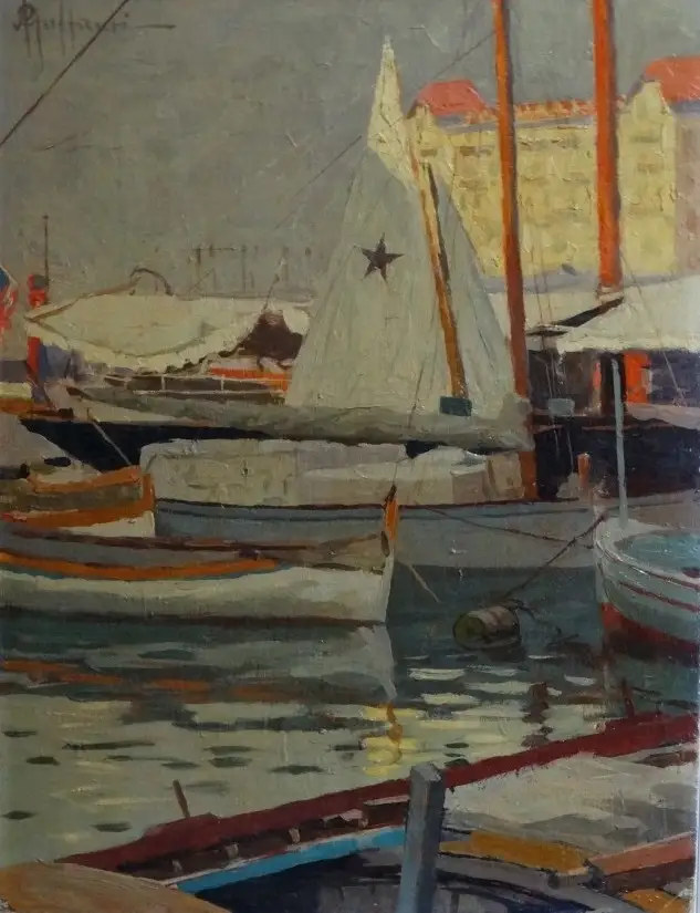  Italienische Maler Öl Malerei signiert Hafen von Nizza Attilio GUFFANTI (1875-1943) 1