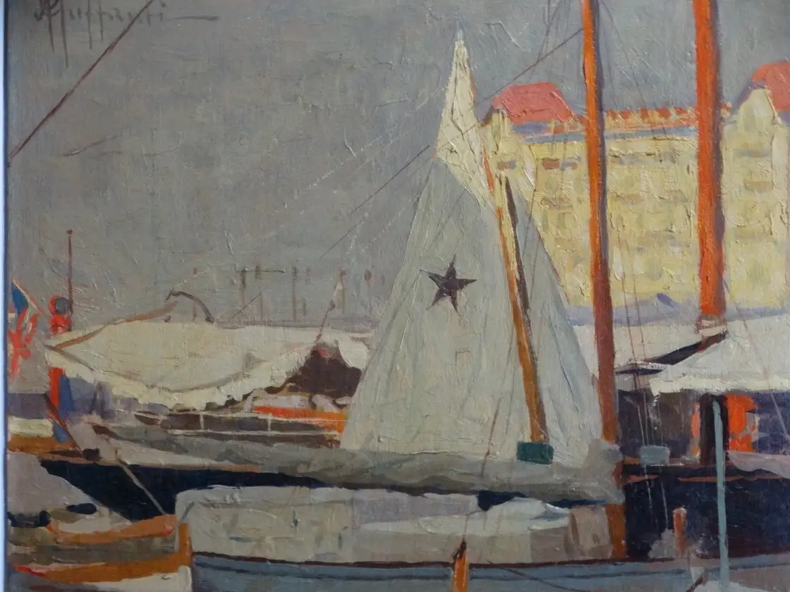  Italienische Maler Öl Malerei signiert Hafen von Nizza Attilio GUFFANTI (1875-1943) 5