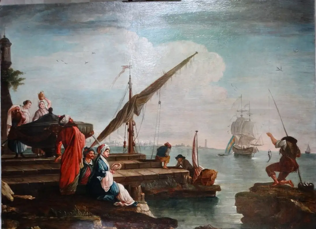 18 jhd. Ölgemälde Hafen mit orientalischen Figuren Charles François LACROIX DE MARSEILLE (c.1700-1782), Schule auf 0