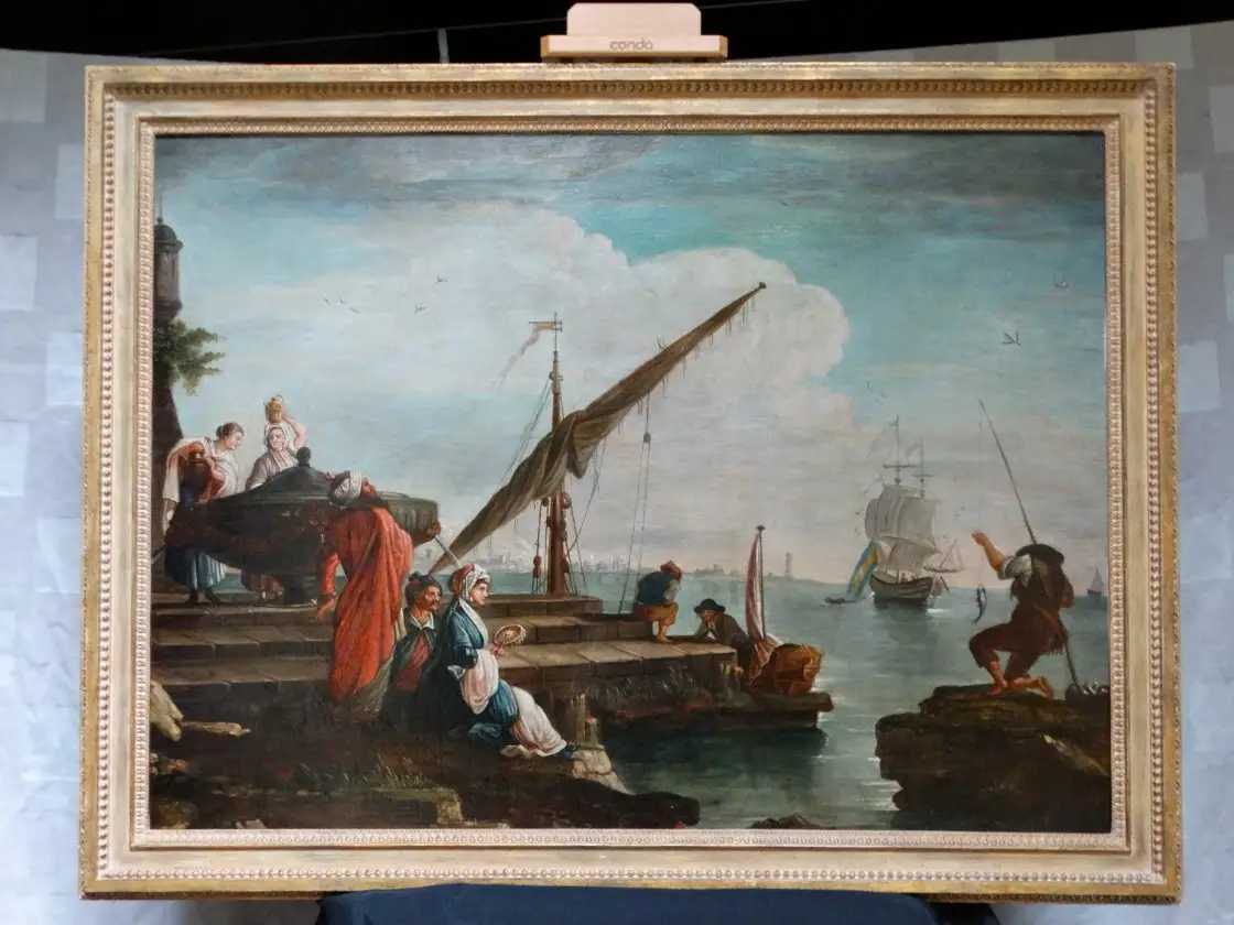 18 jhd. Ölgemälde Hafen mit orientalischen Figuren Charles François LACROIX DE MARSEILLE (c.1700-1782), Schule auf 1