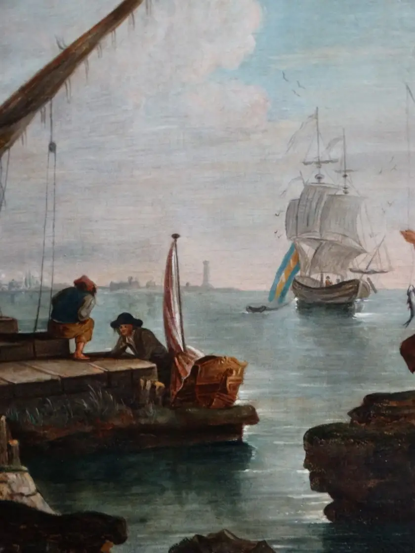 18 jhd. Ölgemälde Hafen mit orientalischen Figuren Charles François LACROIX DE MARSEILLE (c.1700-1782), Schule auf 10