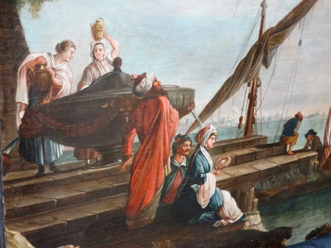 18 jhd. Ölgemälde Hafen mit orientalischen Figuren Charles François LACROIX DE MARSEILLE (c.1700-1782), Schule auf 14