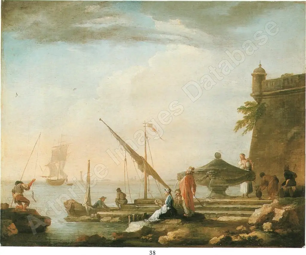 18 jhd. Ölgemälde Hafen mit orientalischen Figuren Charles François LACROIX DE MARSEILLE (c.1700-1782), Schule auf 17