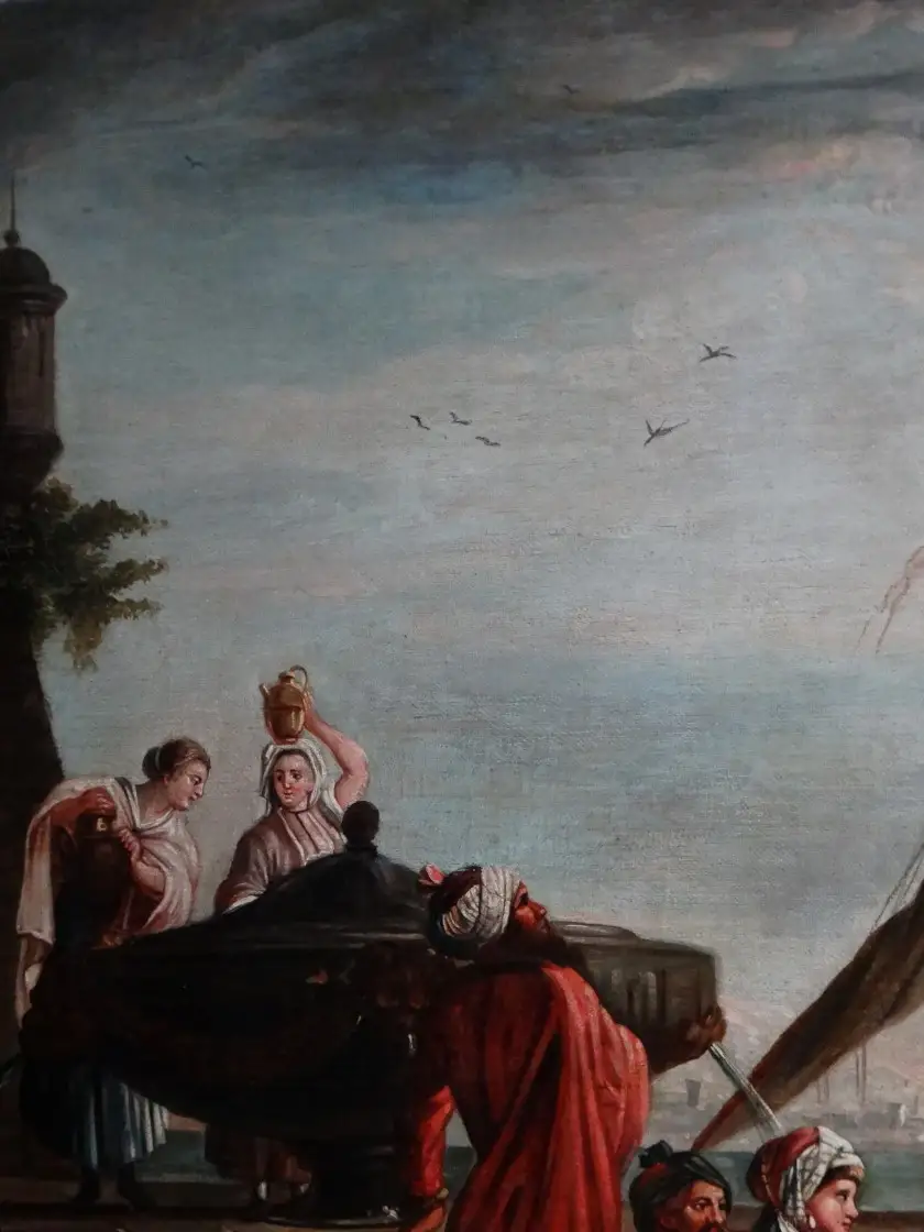 18 jhd. Ölgemälde Hafen mit orientalischen Figuren Charles François LACROIX DE MARSEILLE (c.1700-1782), Schule auf 3