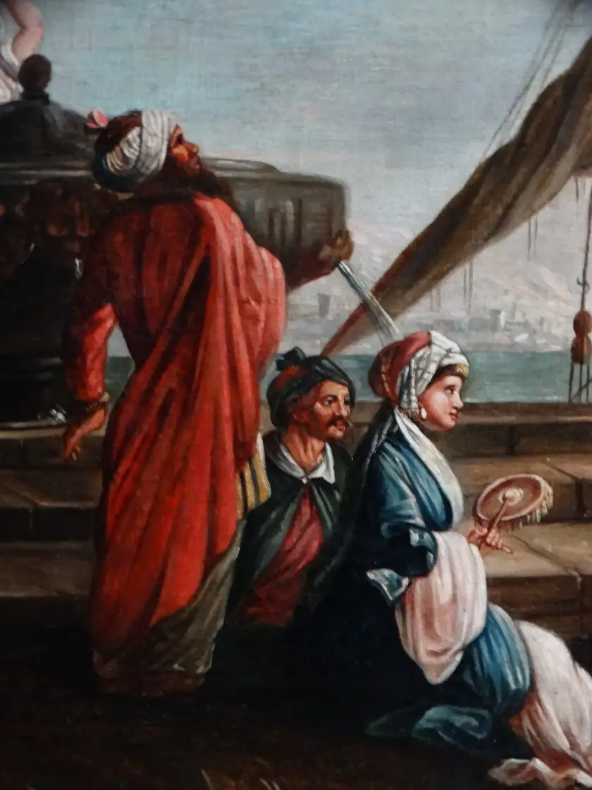 18 jhd. Ölgemälde Hafen mit orientalischen Figuren Charles François LACROIX DE MARSEILLE (c.1700-1782), Schule auf 4