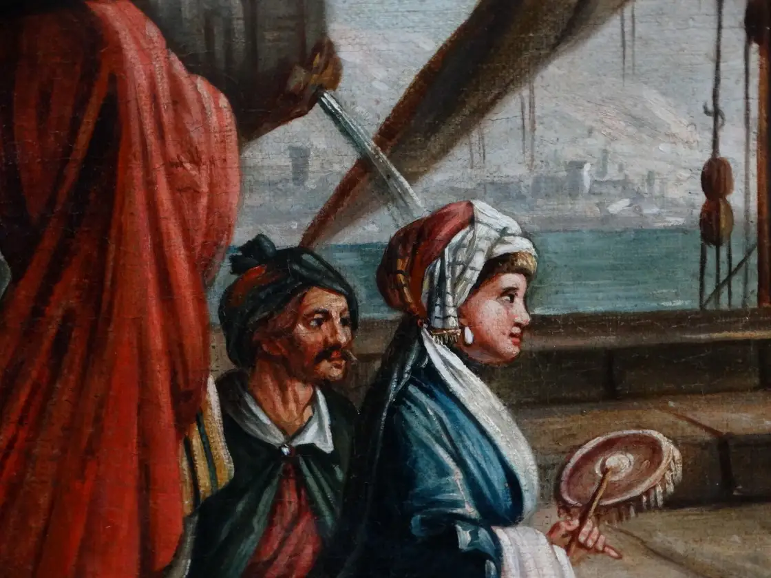 18 jhd. Ölgemälde Hafen mit orientalischen Figuren Charles François LACROIX DE MARSEILLE (c.1700-1782), Schule auf 5