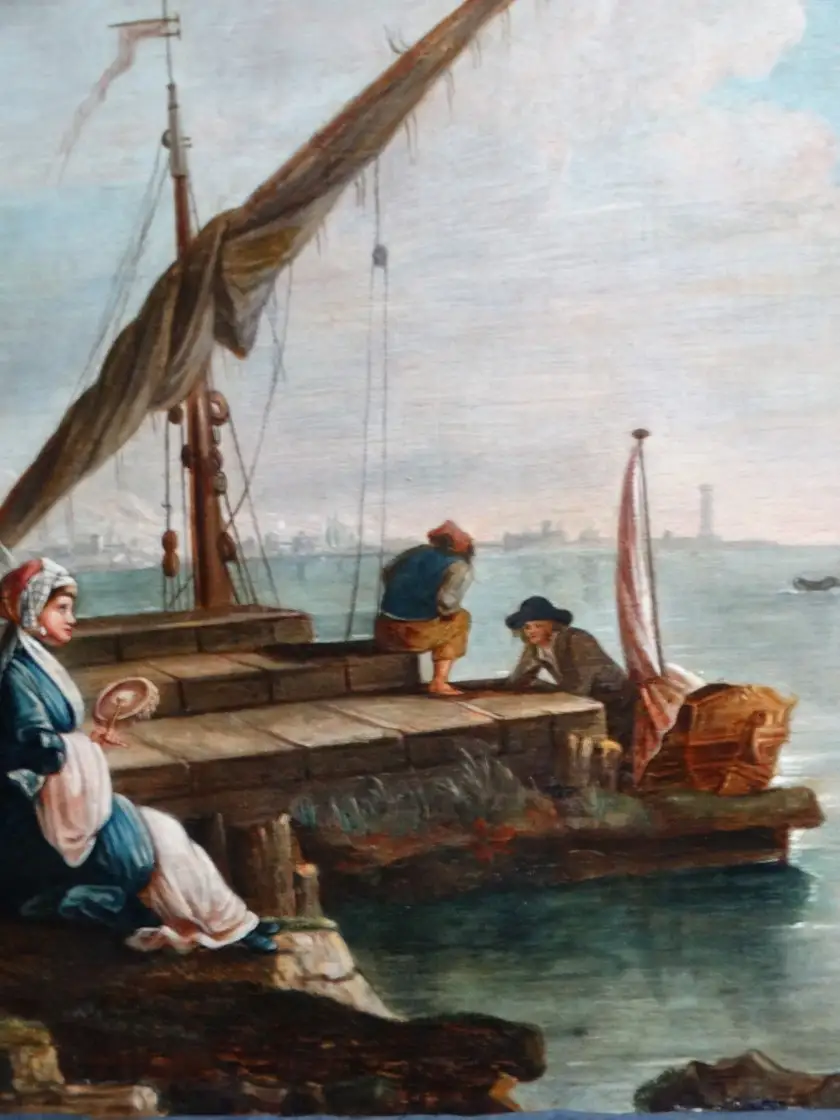 18 jhd. Ölgemälde Hafen mit orientalischen Figuren Charles François LACROIX DE MARSEILLE (c.1700-1782), Schule auf 9