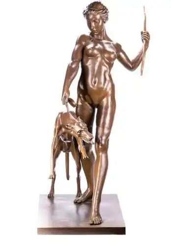 Bronze Skulptur bildschöne Diana mit Hund singniert E. Mc Cartan 157cm Höhe