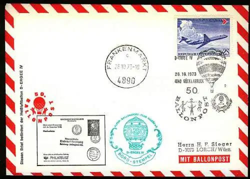 ÖSTERR. 1973 Nr 1413 50a BRF EF BALLONPOST 299AAE