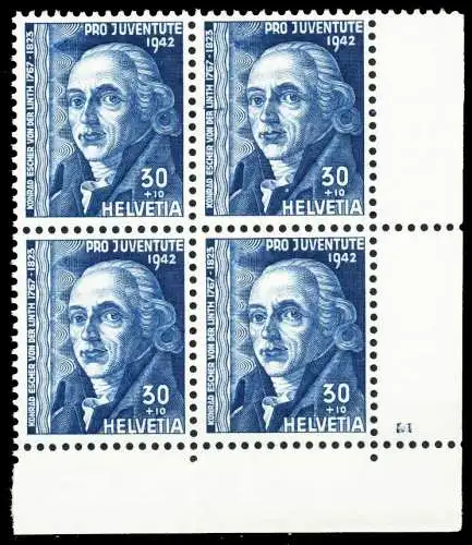 SCHWEIZ PRO JUVENTUTE Nr 415 postfrisch VIERERBLOCK ECK 4FAD7A
