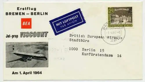 BERLIN 1964 Nr 222 JET PROP VISCOUNT BRIEF EF 73EEDA