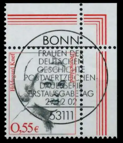 BRD DS FRAUEN Nr 2296 zentrisch gestempelt ECKE-ORE 70F20A
