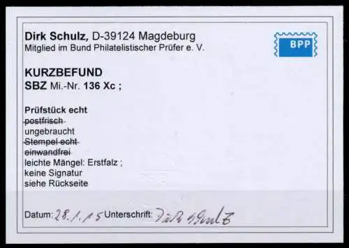SBZ WESTSACHSEN Nr 136Xwc ungebraucht ATTEST 71B766
