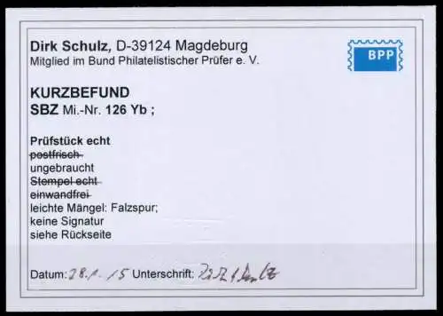 SBZ WESTSACHSEN Nr 126Ywb ungebraucht ATTEST 71B79A