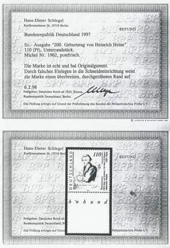 BRD 1997 Nr 1962LU postfrisch ATTEST KOPIE 750C02