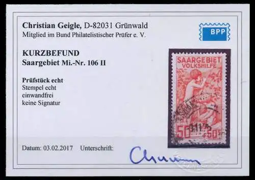 SAARGEBIET 1926 Nr 106II zentrisch gestempelt ATTEST 7B0E8E