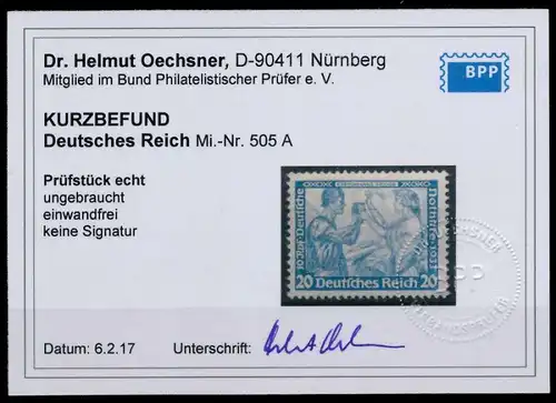 3. REICH 1933 Nr 505A ungebraucht ATTEST 6DA5BA