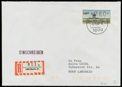 BERLIN ATM 1-280 BRIEF EINSCHREIBEN FDC 7E461E