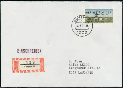 BERLIN ATM 1-280 BRIEF EINSCHREIBEN FDC 7E462E