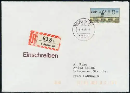 BERLIN ATM 1-280 BRIEF EINSCHREIBEN FDC 7E469A