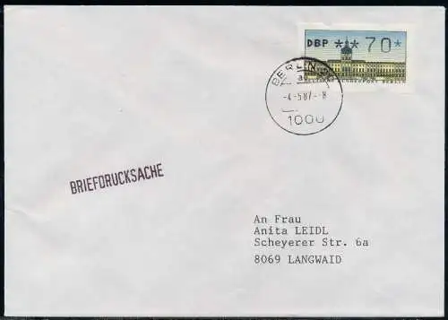 BERLIN ATM 1-070 BRIEFDRUCKSACHE EF FDC 7E46B2