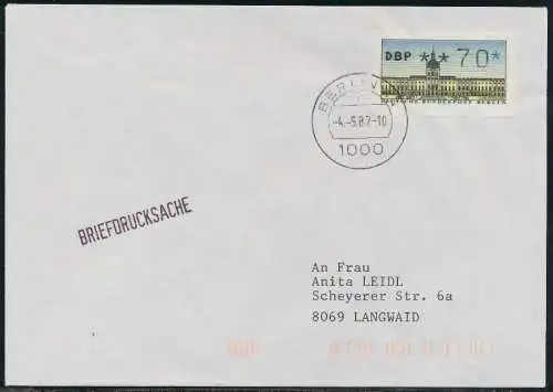 BERLIN ATM 1-070 BRIEFDRUCKSACHE EF FDC 7E46C6