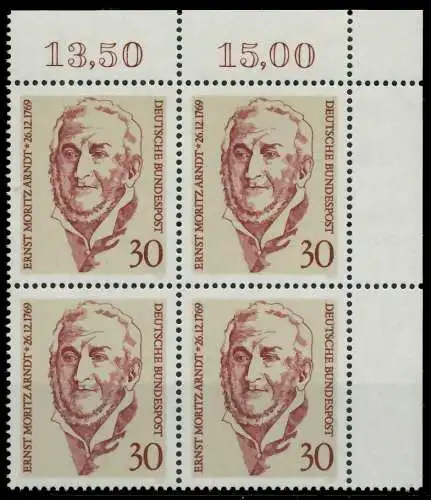 BRD 1969 Nr 611 postfrisch VIERERBLOCK ECKE-ORE 7F34EA