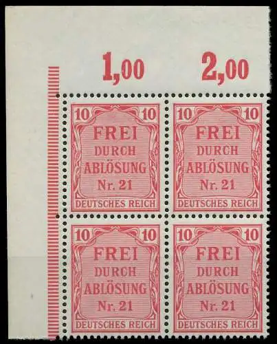 D-REICH DIENST Nr 4 postfrisch VIERERBLOCK ECKE-OLI 86F32A