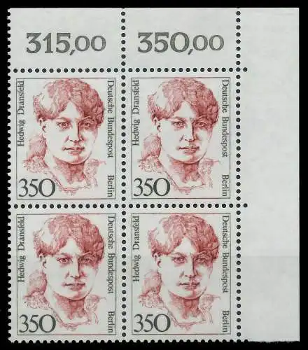 BERLIN DS FRAUEN Nr 828 postfrisch VIERERBLOCK ECKE-ORE 8F913E