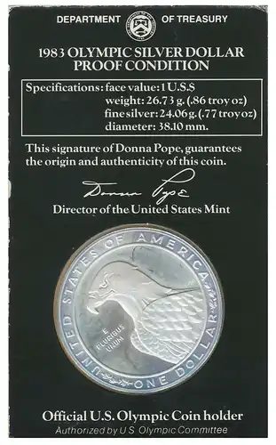 1983 OLYMPIC DOLLAR 900 FINE SILVER PROOF 9206EA