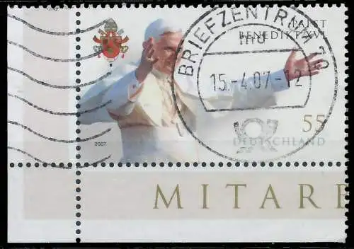 BRD BUND 2007 Nr 2599 zentrisch gestempelt ECKE-ULI 34AC3E