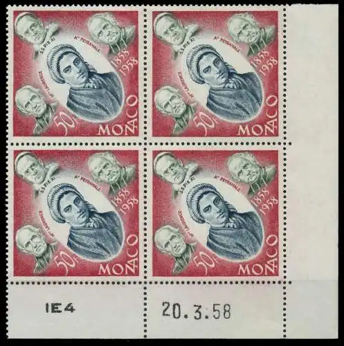 MONACO 1958 Nr 599 postfrisch VIERERBLOCK ECKE-URE 3BA7B6