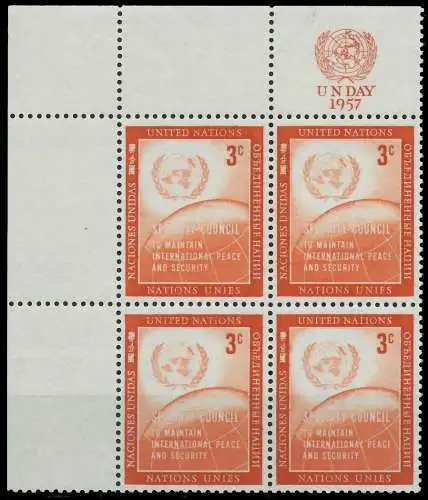UNO NEW YORK 1957 Nr 62RZfo postfrisch VIERERBLOCK ECKE 404EC6
