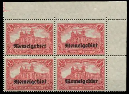 MEMEL 1920 GERMANIA Nr 9 postfrisch VIERERBLOCK ECKE-OR 416A0A