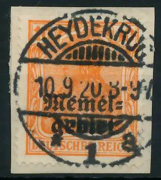MEMEL 1920 GERMANIA Nr 14 zentrisch gestempelt Briefst³ck gepr. 472EE6