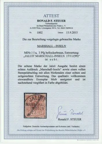 MARSHALL INSELN DT. KOL. Nr 1Ia ATTEST zentrisch gestempelt 6CDEA2