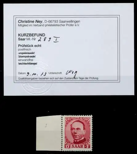 SAARLAND 1950 Nr 289I postfrisch ATTEST 6DF836