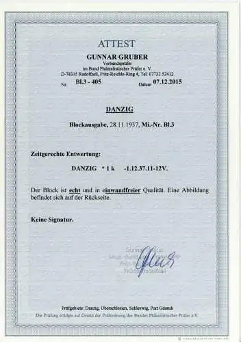 DANZIG 1937 Block 3-TS zentrisch gestempelt ATTEST 6F9096