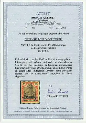 DEUTSCHE AUSLANDSPOSTÄMTER TÜRKEI Nr I ungebraucht ATTEST 713A76