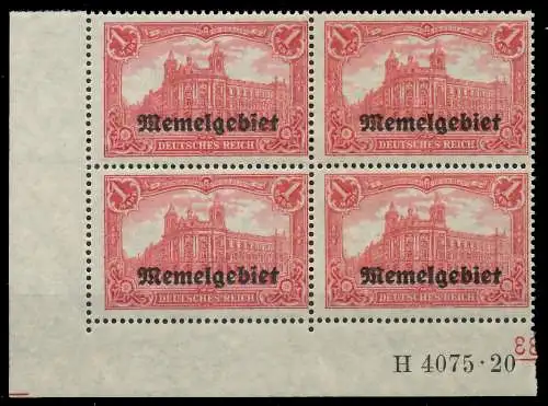 MEMEL 1920 GERMANIA Nr 9 HAN 4075.20 postfrisch VIERERB 416A02