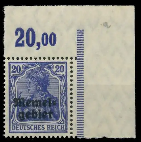 MEMEL 1920 GERMANIA Nr 4 POR postfrisch ECKE-ORE 416AA6