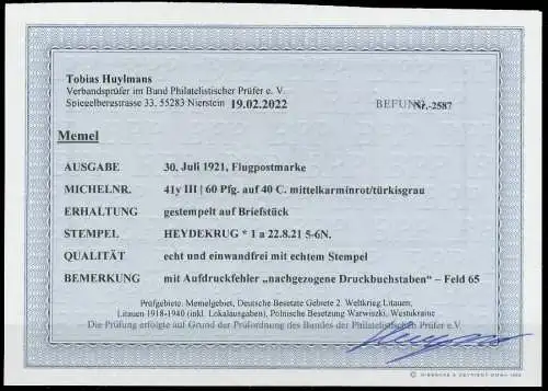 MEMEL 1921 Nr 41yIII zentrisch gestempelt Briefst³ck ATTEST 472D1A