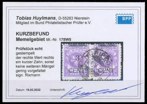 MEMEL 1923 Nr 178W5 zentrisch gestempelt ATTEST 472D36