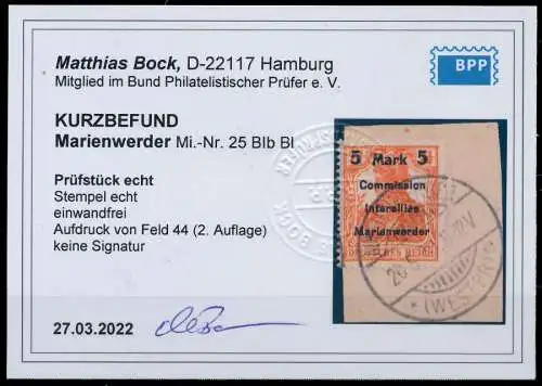 MARIENWERDER Nr 25BIbBI zentrisch gestempelt Briefst³ck ATTEST 49449A