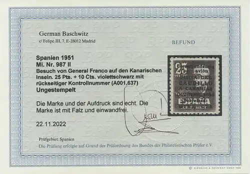 SPANIEN 1950 Nr 987II ungebraucht ATTEST 5661AA